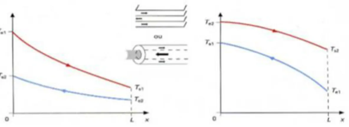 Figure II.2: Evolution qualitative des températures dans un échangeur tubulaire ou à plaque à  contre courants