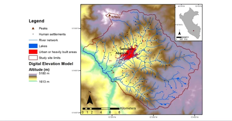 Fig. 2. Map of the study site. Altitude ranges from 1613 m to 5180 m above sea level. The city of Abancay appears in red in the center of the map