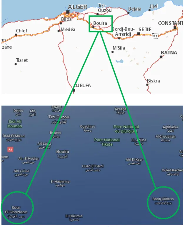 Figure N° 01: carte présente la zone d’étude (Sour el ghozlane et Bordj oukhris). 