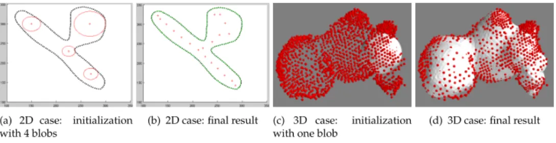 Figure 3. Examples of implicit modeling. In the 2D case (two leftmost images), data points are in black, blob centers are red crosses, and the ﬁnal implicit curve is in green