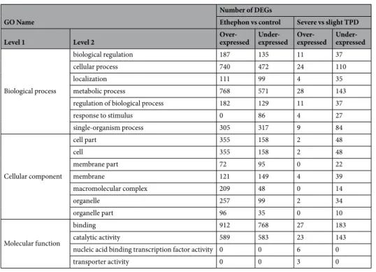 Table 3.  Number of Differentially Expressed Genes (DEGs) for the first two levels of Gene Ontology (GO) for  over- and under-expressed genes, in response to ethephon and severity of ethephon-induced TPD.
