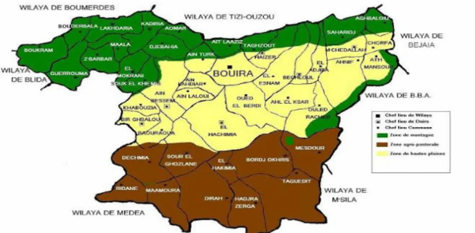Fig 03 : Carte géographique représente la localisation des communes à l’échelle de la wilaya  de Bouira [31].