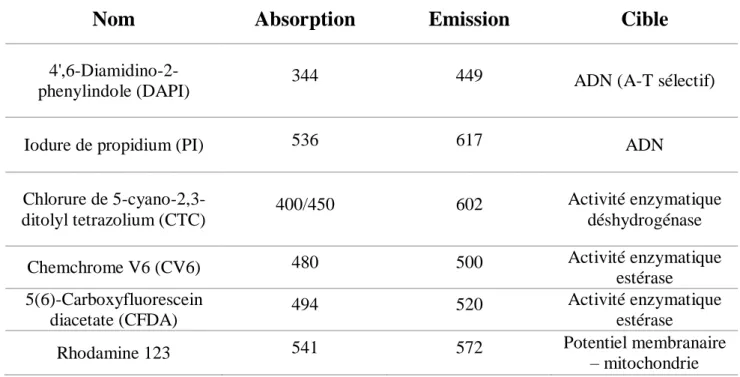 Tableau VII : Les fluorochromes majeurs utilisés pour la détection des microorganismes et  la mise en évidence de leur état physiologique ou structural (Helmi, 2016)