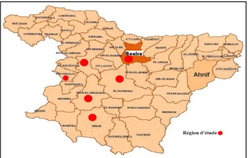 Figure N° 10 : Carte géographique de la wilaya de Bouira montrant la localisation des 
