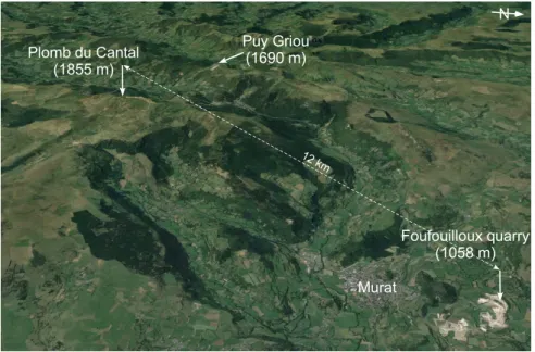 Fig. 2. Google Earth Pro (2019) perspective view from the Cantal Mount to Murat  showing the strategic location of the Foufouilloux quarry