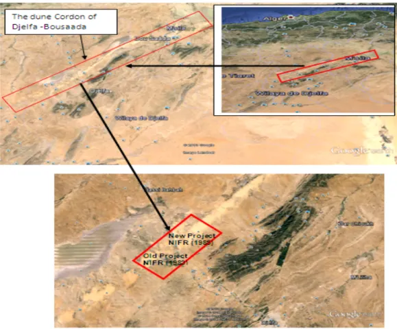 Figure 1. Location of the fixation projects experimental of the dunes on the dune cordon of Djelfa  Bousaada.