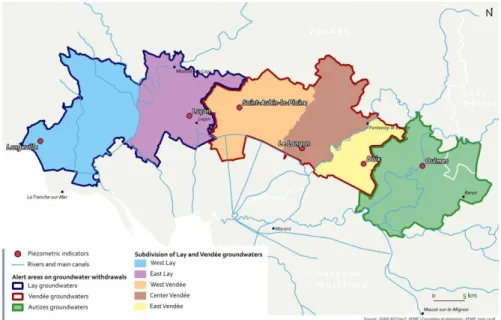 Figure  5.  Southern  Vendée  Groundwaters  with  Warning  Zones  and  Monitoring Indicators 
