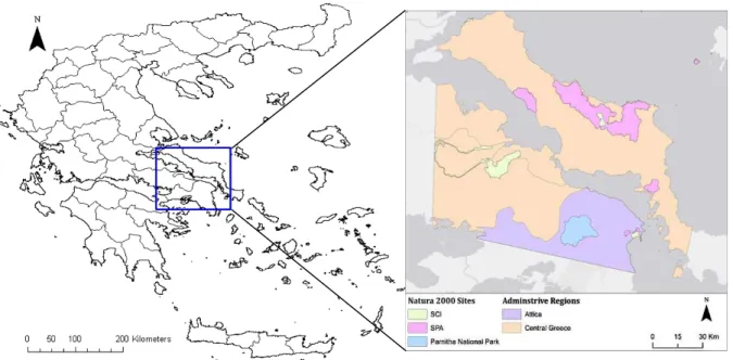 Fig. 1. Location of the study area within central Greece (left) and the location of the NATURA 2000 sites   located within the study region (right) 