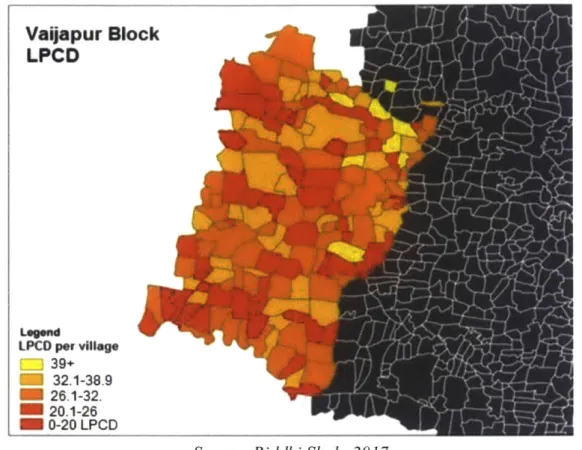 Figure  2.0.5  Displays the pattern  of LPCD ranges  across  Vaijapur  Block.  One can  see that there are  3-5  village clusters  with red,  or extremely  low,  LPCD meaning  government  mitigations  could occur  at the  cluster level rather than village 