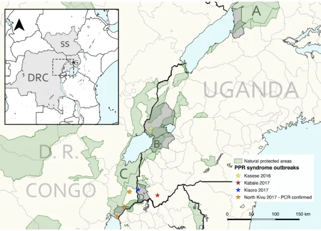 Figure 1. General map of East Africa (left upper corner) highlighting the countries included in this  study: South Sudan (SS), Uganda (UG), and Democratic Republic of the Congo (DRC)