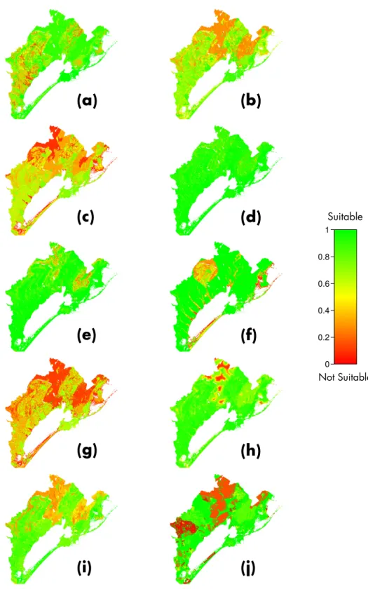 Figure S1. Map of the criteria. The value are comprised between 0 and 1 assessing the suitability of each pixel to urban development inversely proportional to its capacity to provide the ES