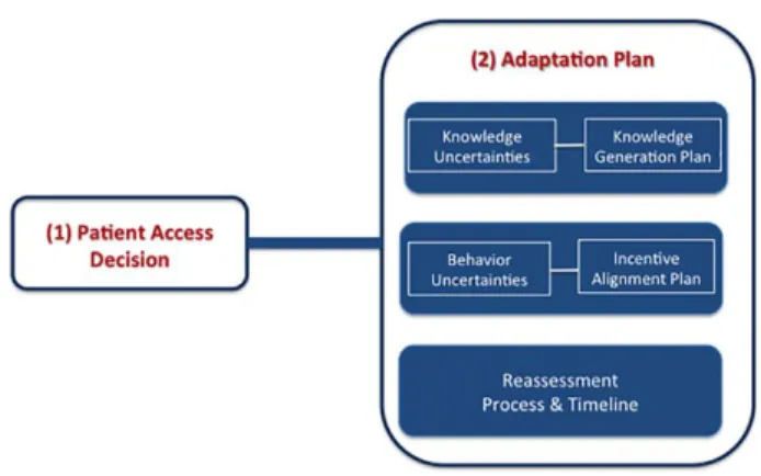 Figure 3 Adaptive decision-making in adaptive biomedical innovation (ABI). ABI seeks to empower appropriate and timely patient access to new therapies by using iterative decision-making that is governed by  stakehold-er agreed adaptation plans that flexibl
