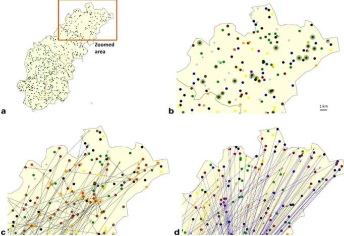 Fig. 10. Zoomed view of the northern portion of the Ribéracois district (panel a), with focus on farm-gate forage de ﬁ cit, represented by green circles (panel b); farm- farm-gate straw de ﬁ cit, represented in orange circles and straw ﬂ ows, represented b