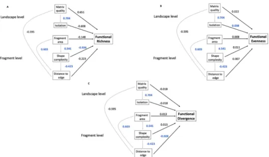 Fig 2. Structural equation models examining the effects of forest fragmentation on functional diversity in the East Usambara Mountains, Tanzania