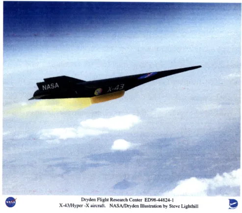 Figure  1-1:  The  illustration  of the  X-43A:  A  hypersonic  and  scramjet-powered  re- re-search  aircraft  [4].