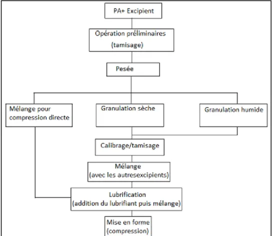 Figure I-3: Modes et  étapes de fabrication d'un comprimé [10]. 