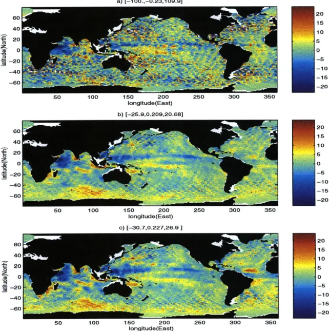 Figure  1.5:  Sea  surface  height  anomalies  (in  cm)  for  the  a)  T/P  data  set, b)  and  c) data assimilation  estimates  using  the  same  T/P  observations  for  two  different  choices  of  the error covariances