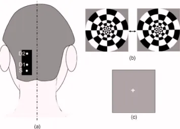 Fig. 1 共 a 兲 Probe configuration for the vision test. 共 b 兲 Vision stimula- stimula-tion: alternating counter-phased radial checkerboard