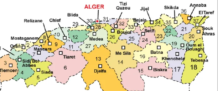 Figure III.1 : localisation des 8 wilayas d’implantation des ponts étudiés sur la carte du nord  Algérien 