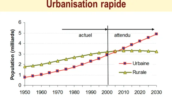 Figure 1.3. D’ici 30 ans, les deux tiers de la population mondiale sera urbaine (d’après United Nation,  2004)