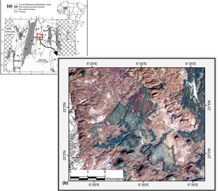Fig. 1 a Tuareg shield terrane map (from [4]); b Landsat 7ETM + image. The Taessa lavas appear in dark blue