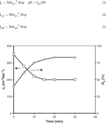 Fig. 8. Hydrolysate concentration experiment with permeate ﬂux and solute rejection plotted against time P a = 4 10 5 Pa, U = 6 m/s and T = 48 °C