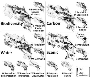 Figure 3 Maps of ES levels (four large maps) and their indicators of provision or demand (13 small maps) in Costa Rica forests (B: