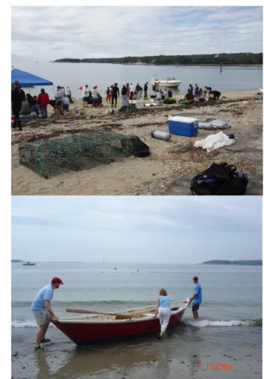 FIGURE 3.  Activity on beach and launching a dory during the  eelgrass harvesting event