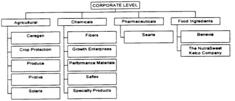 Figure  3.8  provides  an  overview  of the Monsanto  SBUs,  by industry,  as  of December, 1996  (note: while  the Chemical  business  divestiture  had  been  announced  by this time that actual  spin-off had not  occurred).