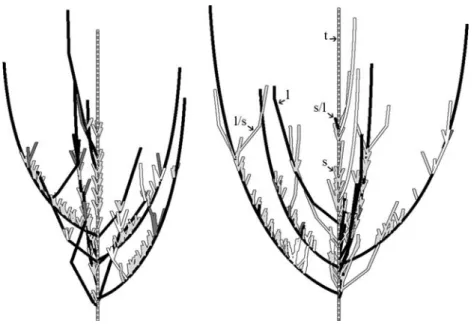 Fig. 1 A schematic representation of an unordered comparison of a pair of trees. Axes in the first tree were coloured according to their length class: the trunk was striped in grey and white, the long shoots were coloured in black, the brindles in dark gre