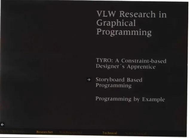 Figure  1 [Color Photograph]:  The  VLW  Research in Graphical Programming menu.