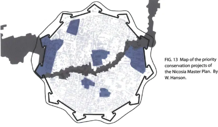 FIG.  13  Map of the priority conservation projects of the Nicosia Master Plan.  By W