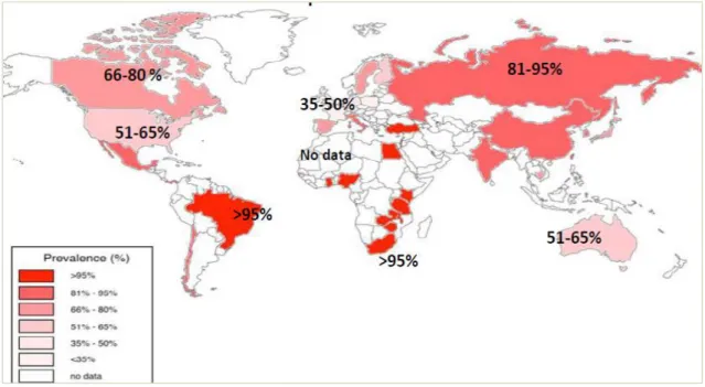 Figure 5: Séroprévalence mondiale du CMV chez les adultes âgés entre 16 et 50 ans (Adland  et al., 2015) 