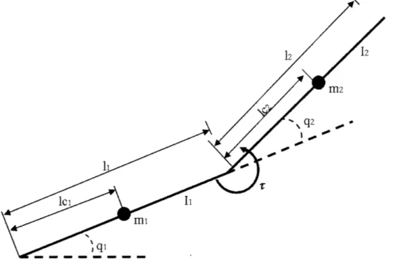 Figure 2:  geometry  of the acrobot arm as well  as  the relevant system  parameters As seen  in the  figure  above,  qi  is  the  angle  of the  ith  link,  m i  is the  mass  of the  ith  link, 1 i  is  the  length  of the ith  link,  1,i  is  the  lengt