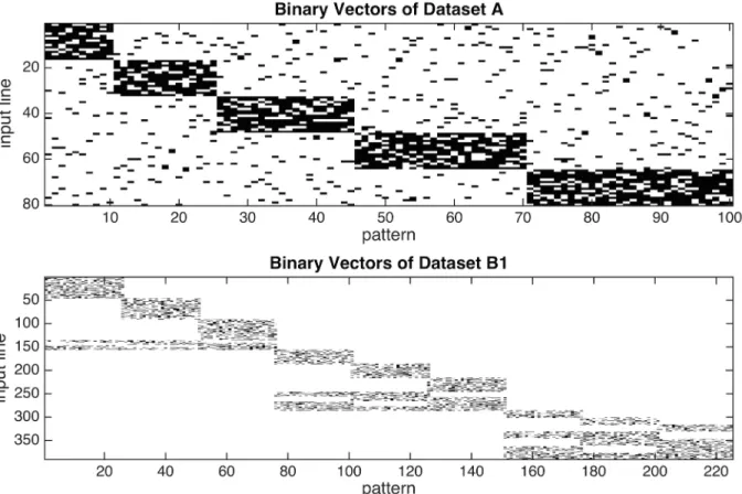 Fig 2. Randomly generated input vectors. (A) shows the 100 patterns of dataset A. An input pattern is built by perturbing one of five binary, 80-dimensional orthogonal vectors, see methods