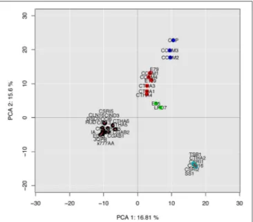 FIGURE 6 | Intraspecific principal component analysis (PCA) of 36 plant-associated C. cassiicola isolates based on their composition in putative accessory effectors (i.e