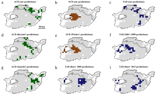 Fig. 4. Spatial distribution of hotspots of response variables at 10 km spatial resolution using a 10% threshold: (a) ACD (our predictions); (b) SCD (our predictions); (c) TAD (our predictions); (d) ACD (Baccini et al., 2012); (e) SCD (Wieder et al., 2014)