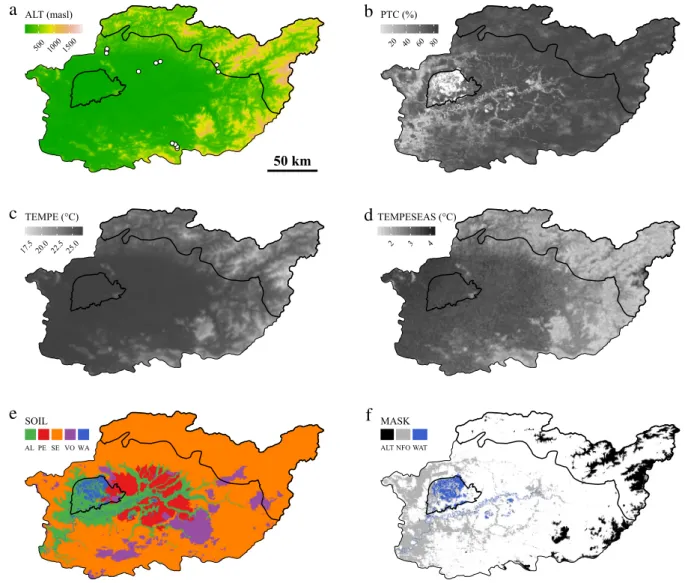 Fig. 1. Spatial representation of explanatory variables selected for response variable prediction: (a) altitude, (b) percent tree cover, (c) mean annual temperature, (d) temperature seasonality and (e) soil type (AL = alluvial; PE = peat; SE = sedimentary;