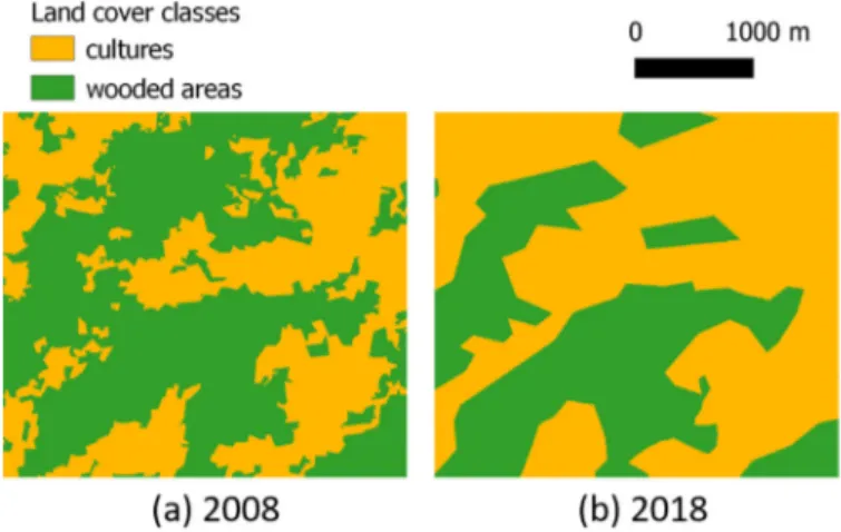 Figure 11. A detail of the land use/land cover map from 2008 with object-oriented method (a) and  from 2018 with photointerpretation (b)