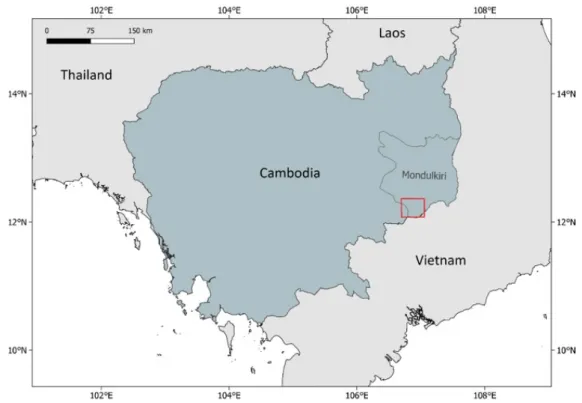 Figure 3. Location of Mondulkiri province and study area (red rectangle). 