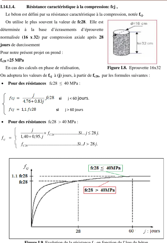 Figure I.9. Evolution de la résistance f cj  en fonction de l’âge du béton      si       j < 60 jours