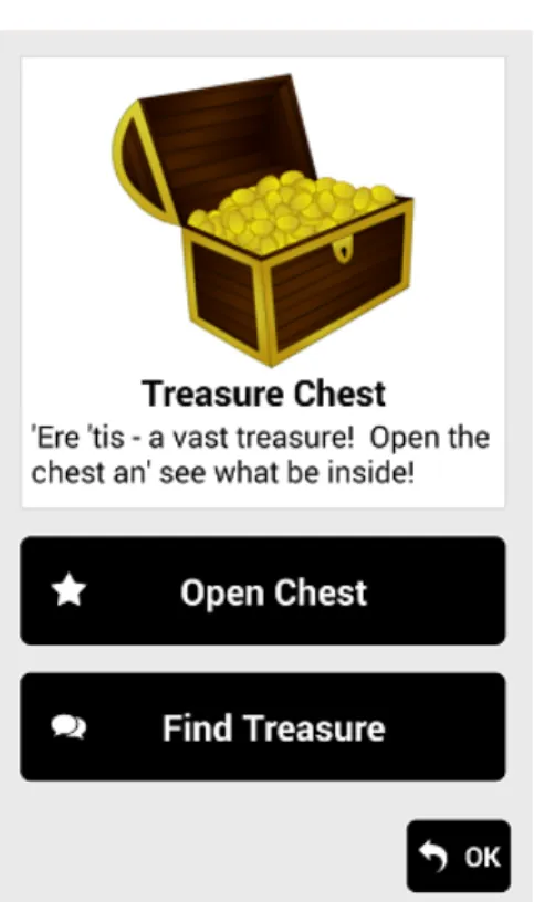 Figure 2-1: Typical TaleBlazer agent dashboard. The agent “Treasure Chest” has two actions: script action “Open Chest” and text action “Find Treasure”.