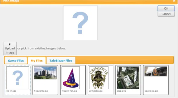 Figure 2-4: Image picker in the editor. The Game Files tab lists images used in the current game, and the My Files tab lists all images uploaded by the designer