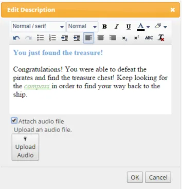 Figure 2-7: Prototype version of the rich text editor. Game designers could upload and attach audio clips directly from the dialog.