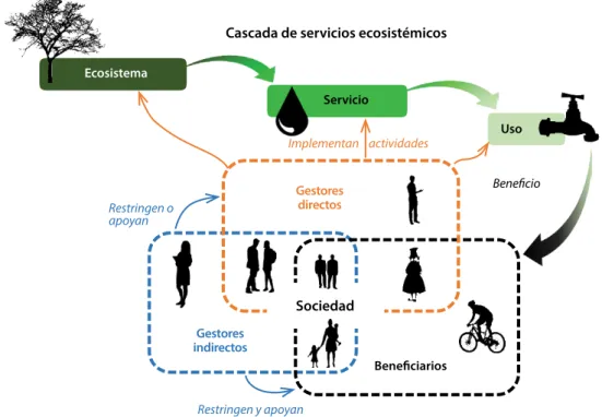 Figura 1. Marco analítico con dos formas de gestión de los servicios ecosistémicos (directa e indirecta), que pueden  ocurrir en tres pasos de la cascada de servicios ecosistémicos (ecosistema, servicio y uso).