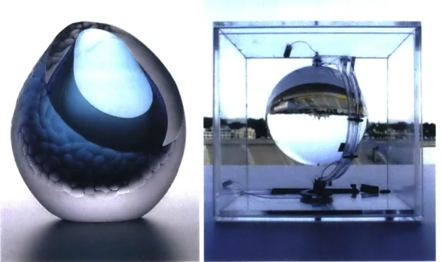 Figure 2:  (A-left)  Artist Joanne Mitchell's sculptural glass design.  Image source: North East Art Collective  (B- (B-right) Andri Broessel's spherical solar concentrators