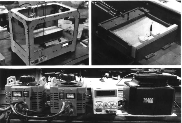 Figure  10:  (A-top right) Test  bed high voltage  setup (B-top left)  Modified makerbot replicator 2for sintering (C- (C-bottom) Single axis drive rail setup to sinter mechanical testing samples