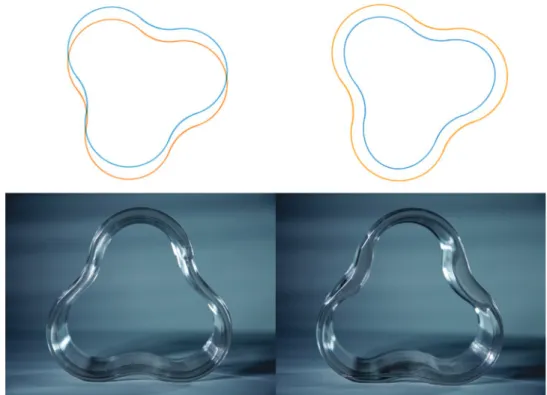 FIG. 6. Top right: scan of three-axis pen test. Left: scan of four-axis pen test. Nozzle replaced by blue and orange pens capturing relative orientation between nozzle and build plate during motion