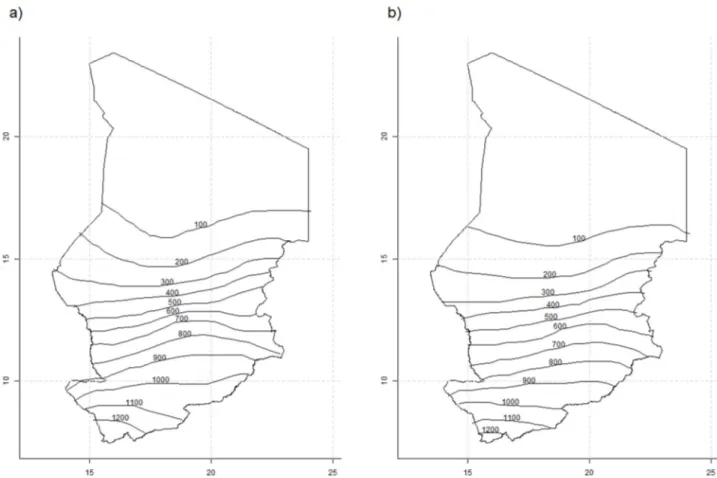 Fig. 1. Pluviométrie annuelle moyenne (mm) au Tchad sur les périodes (a) 1951–1980 et (b) 1971–2000 (Anonyme, 2012).