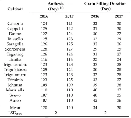 Table 2. Anthesis date and grain filling duration. Least Square Means and LSD 0.05 for the comparison of cultivar × year means at the same or different levels of year.